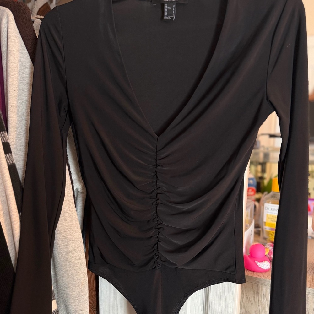Black Long Sleeve Ruched Bodysuit